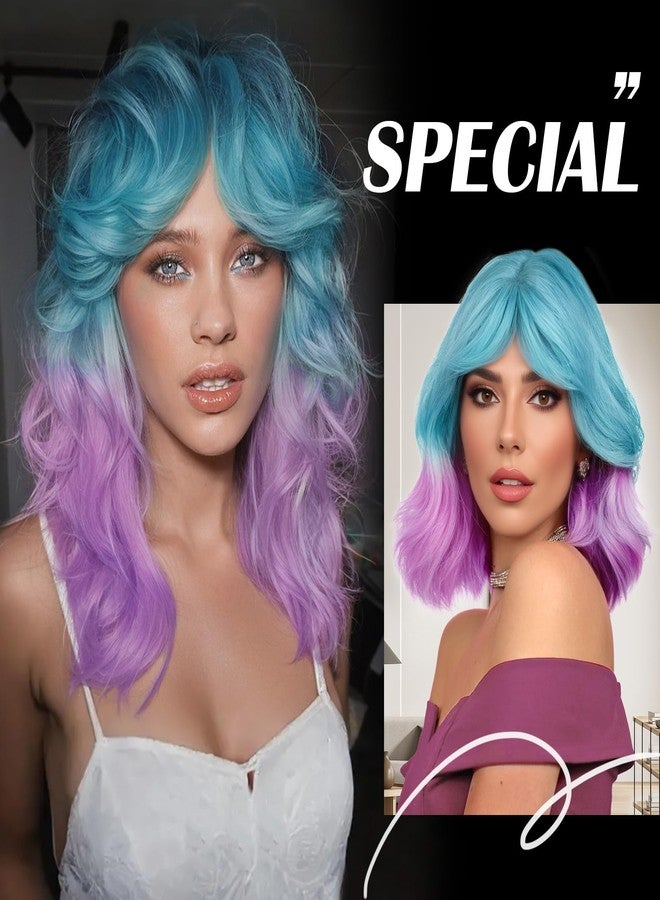 FAVE Blue to Purple Wig Short Purples Wig with Bangs Wavy Wigs for Women Ombre Purple Synthetic Hair Lavender Wigs (Purple/Blue) - Image 5